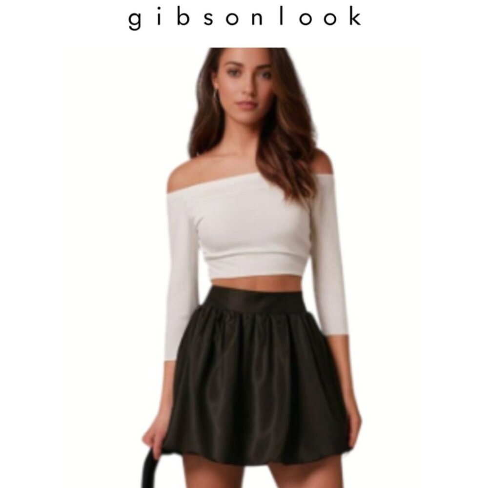 NWT New Gibson Look Satin Box Pleated Mini Skirt Black Size M